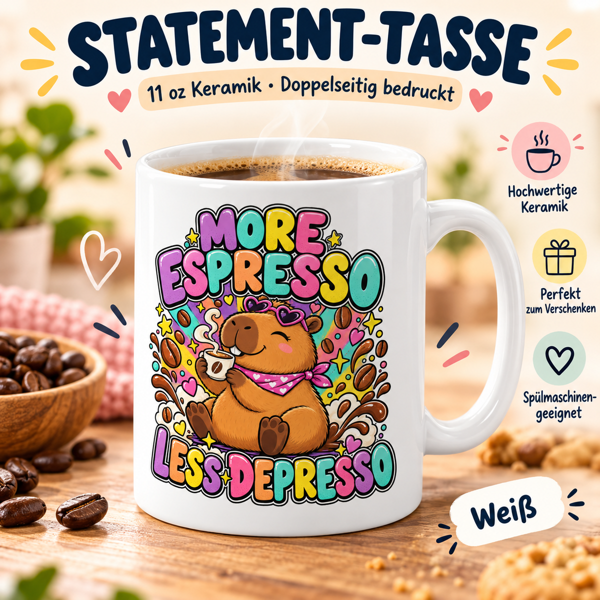 Capybara Tasse – More Espresso Less Depresso