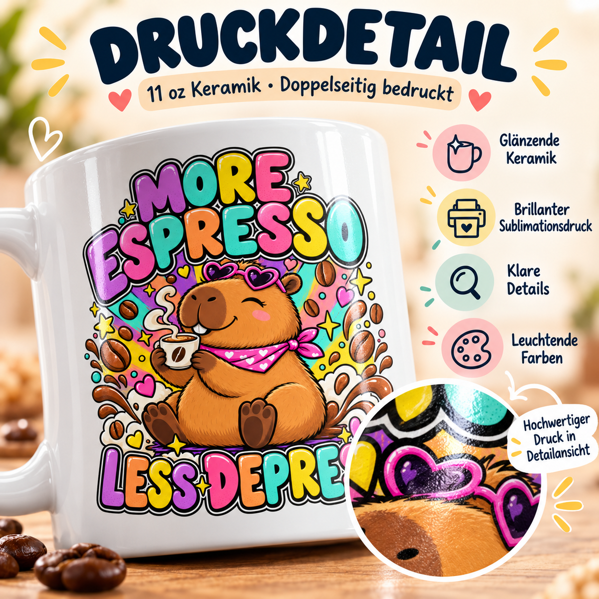 Capybara Tasse – More Espresso Less Depresso