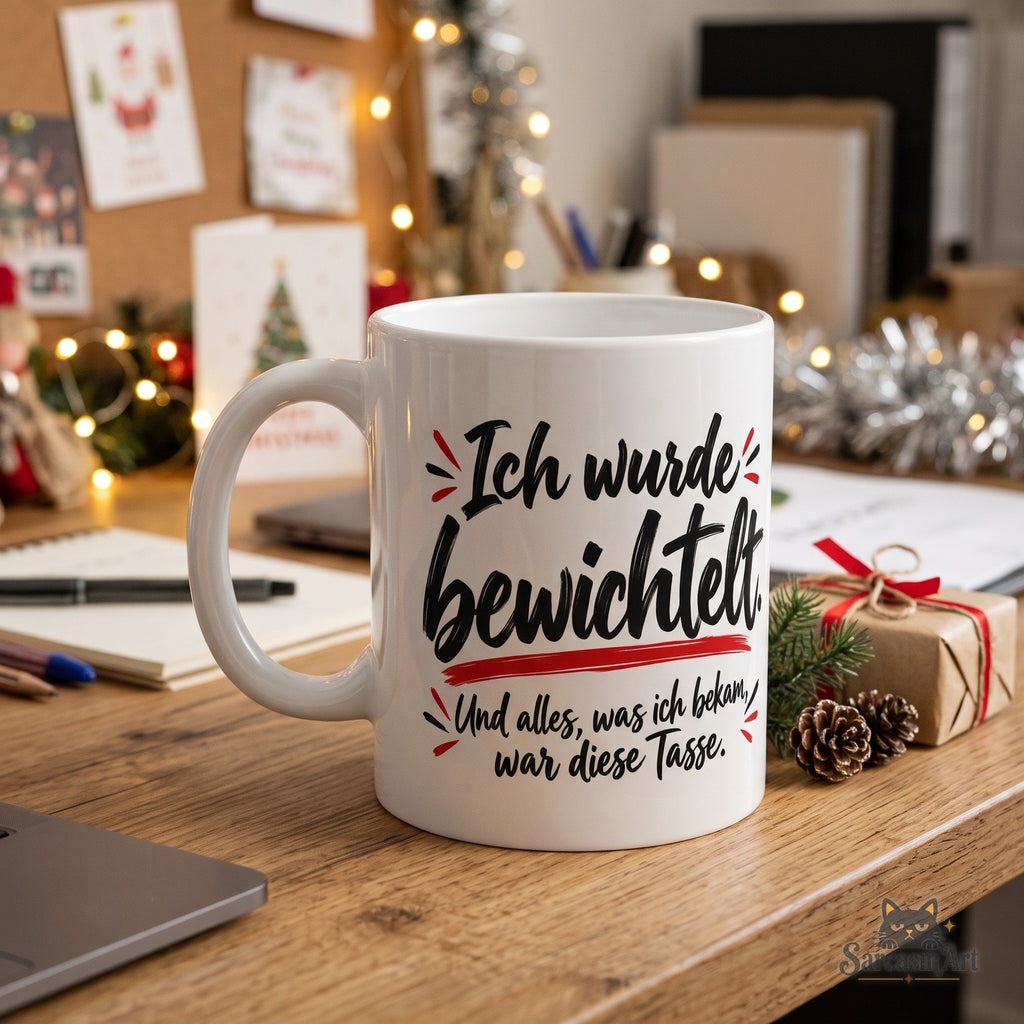 Tasse „Ich wurde bewichtelt. Und alles, was ich bekam, war diese Tasse.“ auf einem weihnachtlichen Büroschreibtisch mit Lichterkette und Wichtelgeschenk