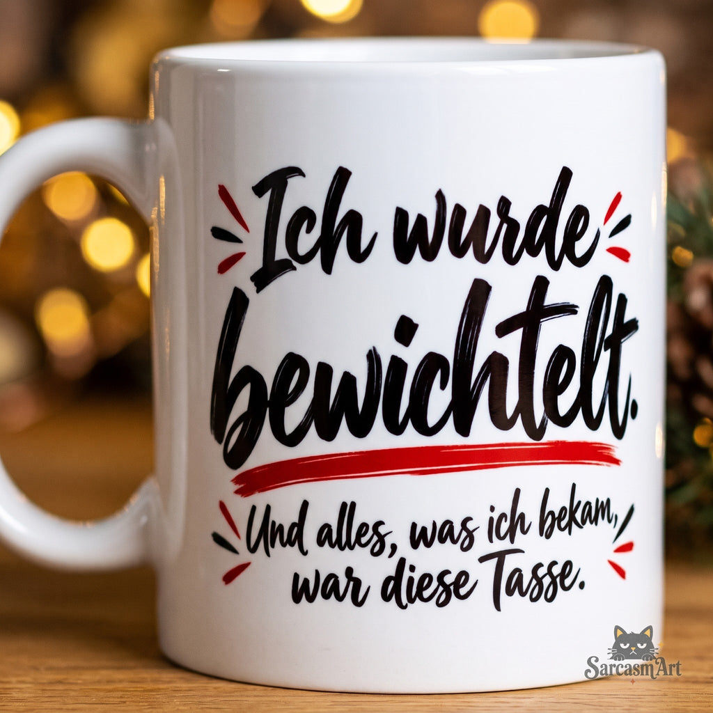 Nahaufnahme des Drucks: Handlettering „Ich wurde bewichtelt. Und alles, was ich bekam, war diese Tasse.“ in Schwarz mit roten Akzenten