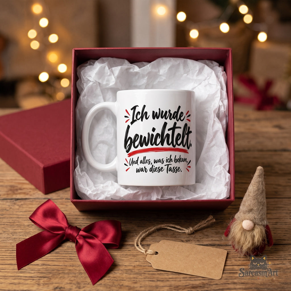 Ich wurde bewichtelt Tasse in roter Geschenkbox mit Seidenpapier, Schleife, Anhänger und Wichtelfigur