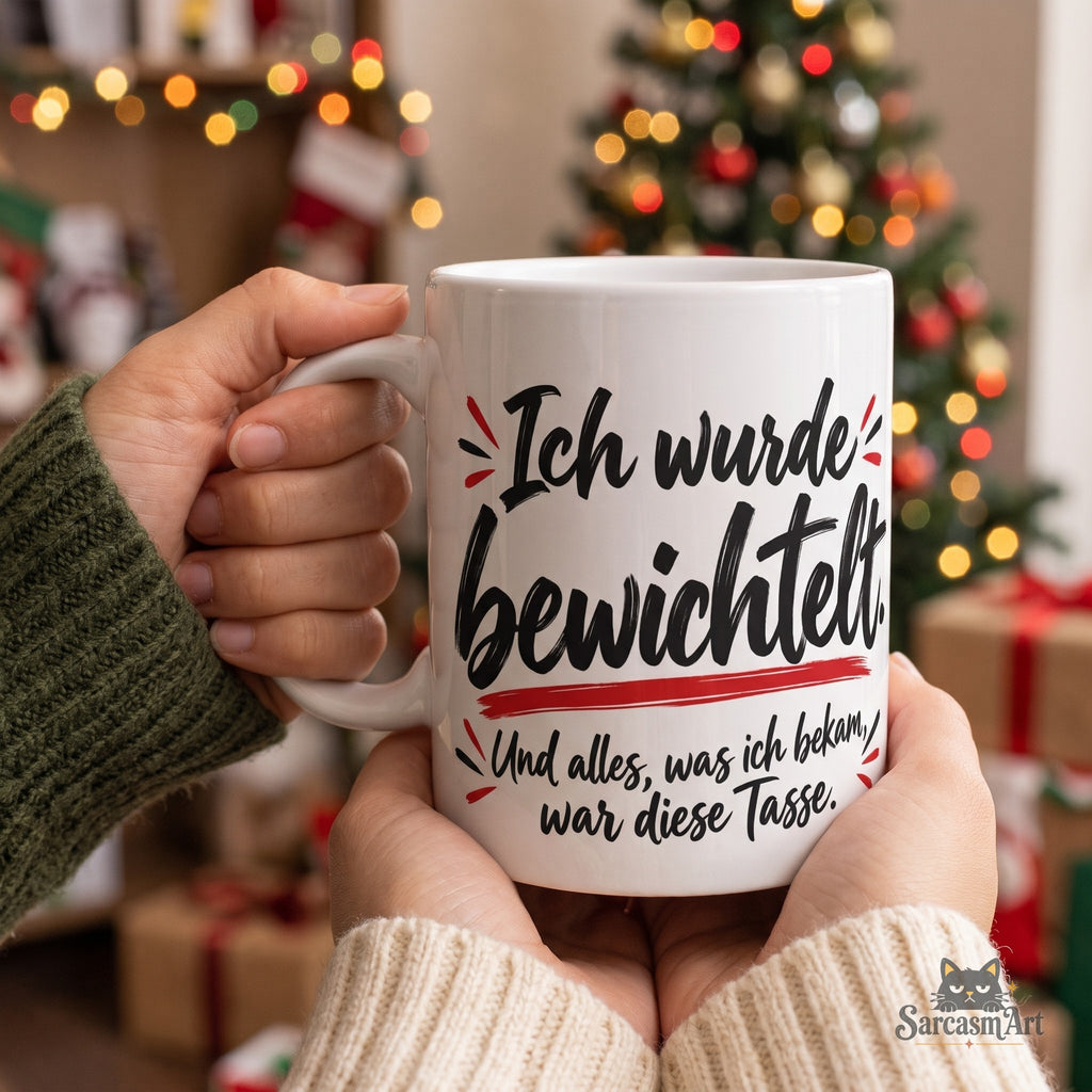 Übergabe beim Wichteln auf der Weihnachtsfeier: Hände reichen die Ich wurde bewichtelt Tasse weiter, zeigt die Größe in der Hand