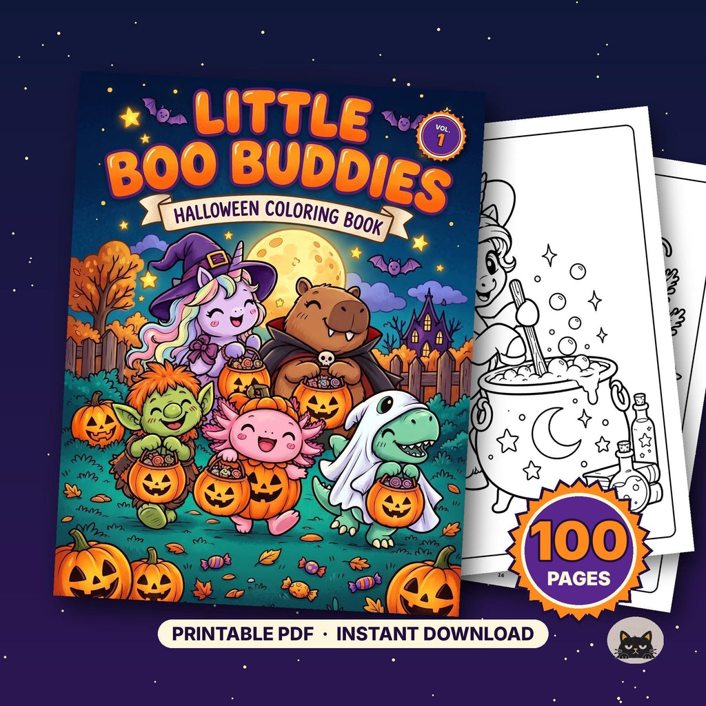 May include: A Halloween coloring book titled Little Boo Buddies Vol. 1 featuring a colorful cover with a unicorn, capybara, goblin, axolotl, and dinosaur holding jack-o'-lantern buckets. Includes 100 pages of printable PDF designs.