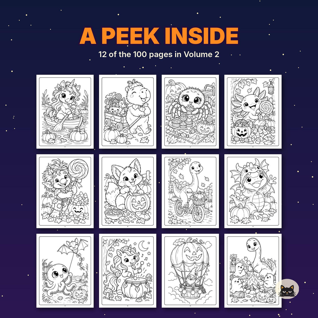 May include: A coloring book page preview titled A PEEK INSIDE 12 of the 100 pages in Volume 2. It displays twelve black and white line art illustrations featuring cute creatures like unicorns, dinosaurs, and spiders in Halloween settings.