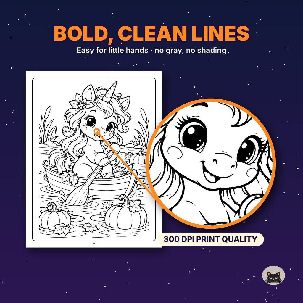 May include: A coloring page featuring a unicorn in a boat on water with pumpkins, text BOLD, CLEAN LINES, Easy for little hands, no gray, no shading, and 300 DPI PRINT QUALITY. A circular inset shows a close-up of the unicorn face.