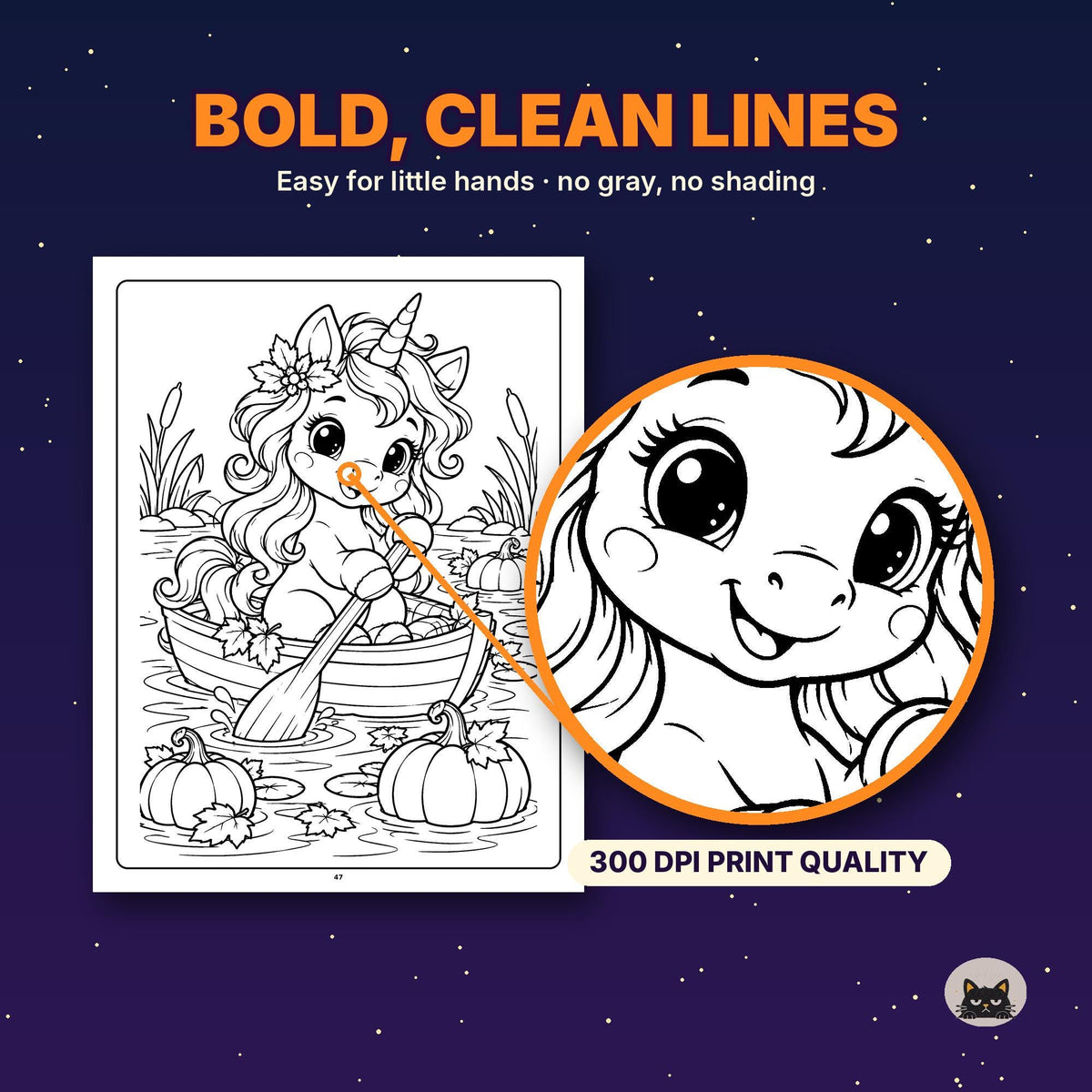May include: A coloring page featuring a unicorn in a boat on water with pumpkins, text BOLD, CLEAN LINES, Easy for little hands, no gray, no shading, and 300 DPI PRINT QUALITY. A circular inset shows a close-up of the unicorn face.