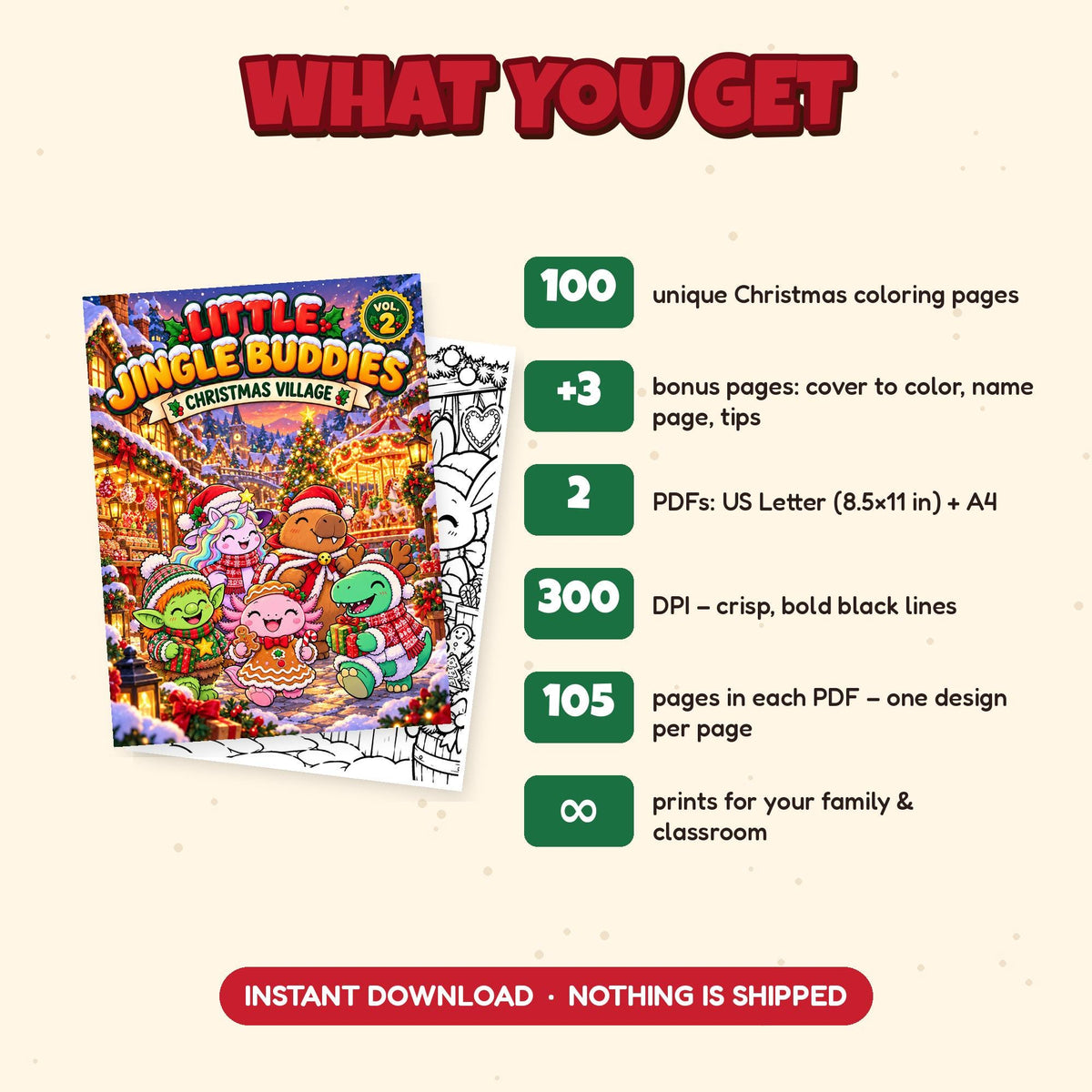 What you get: 100 Christmas coloring pages, 2 PDFs US Letter and A4, 300 DPI