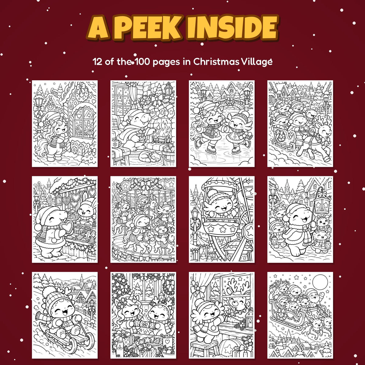 A peek inside: 12 of the 100 Christmas Village coloring pages