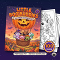 May include: A Halloween coloring book titled Little Boo Buddies Vol. 2 featuring a pumpkin hot air balloon carrying a unicorn, axolotl, capybara, and goblin over a forest. Includes 100 pages of printable PDF designs with black and white line art.