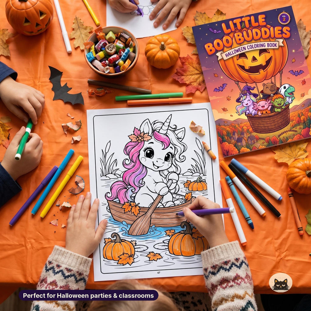 May include: A coloring book titled Little Boo Buddies Halloween Coloring Book Vol 2 featuring a pumpkin hot air balloon on the cover, alongside a coloring page of a unicorn in a boat, surrounded by markers, small pumpkins, and candy.