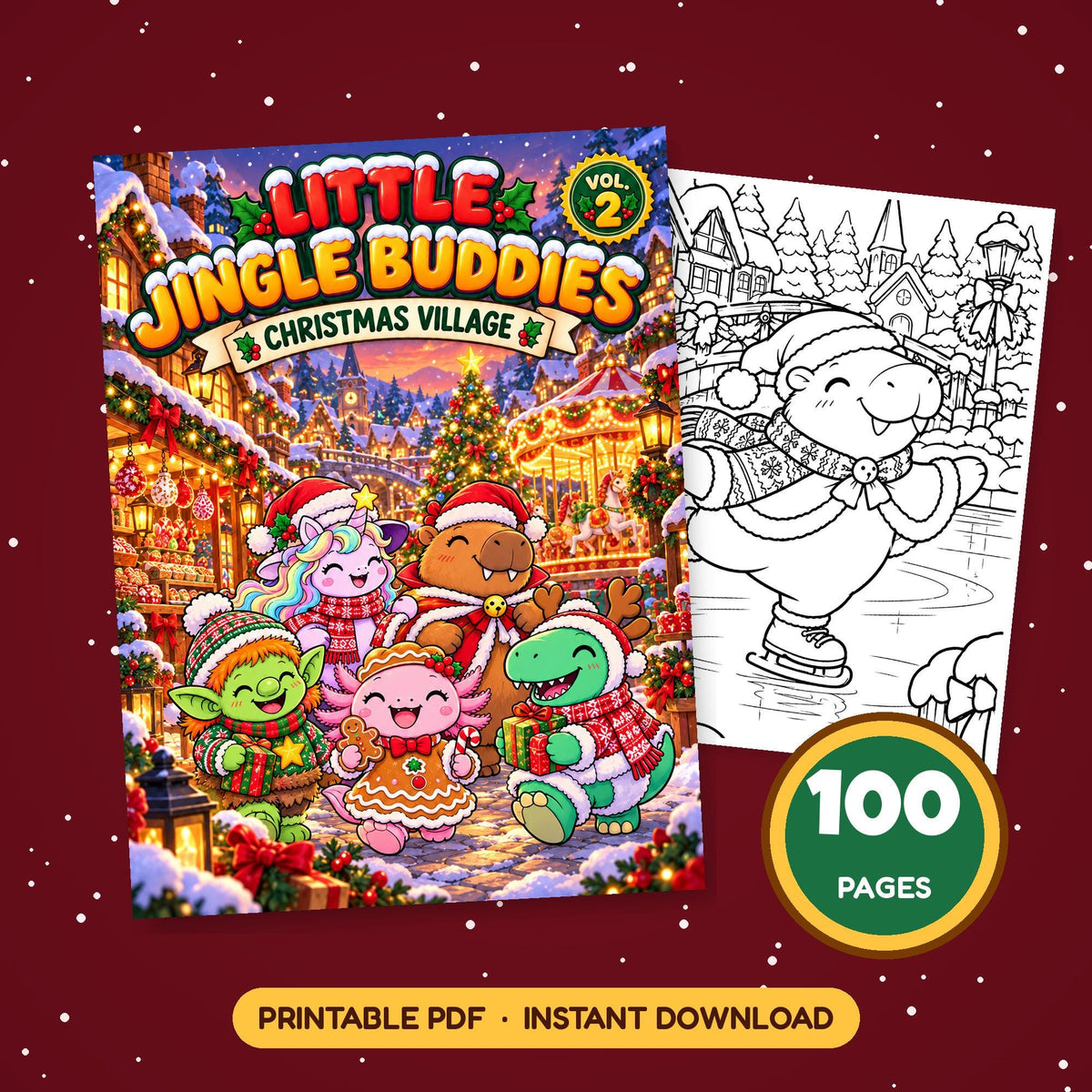Christmas Coloring Book for Kids – Little Jingle Buddies Vol 2 Christmas Village cover, 100 printable pages
