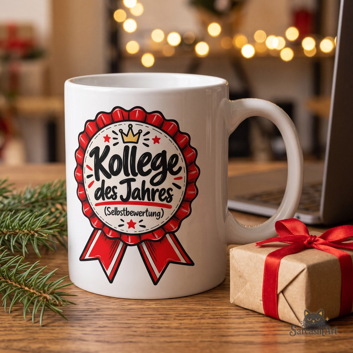 Kollege des Jahres Tasse auf einem weihnachtlichen Büroschreibtisch mit Lichterkette, Tannenzweig und Wichtelgeschenk