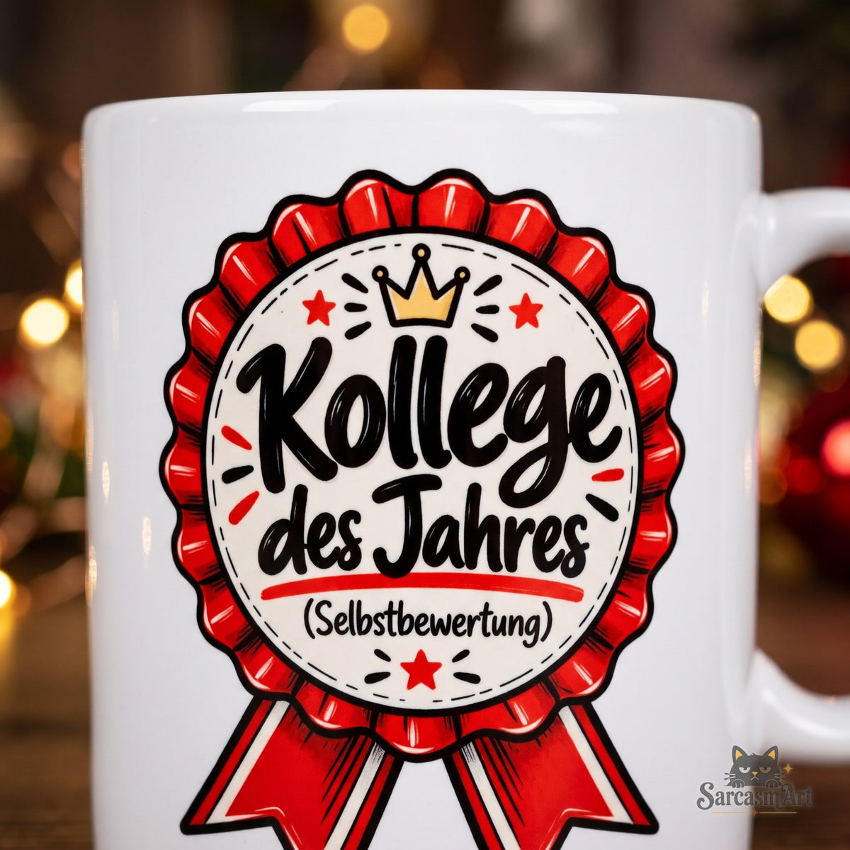 Nahaufnahme des Drucks: Rosette mit Krone und Schriftzug „Kollege des Jahres (Selbstbewertung)“