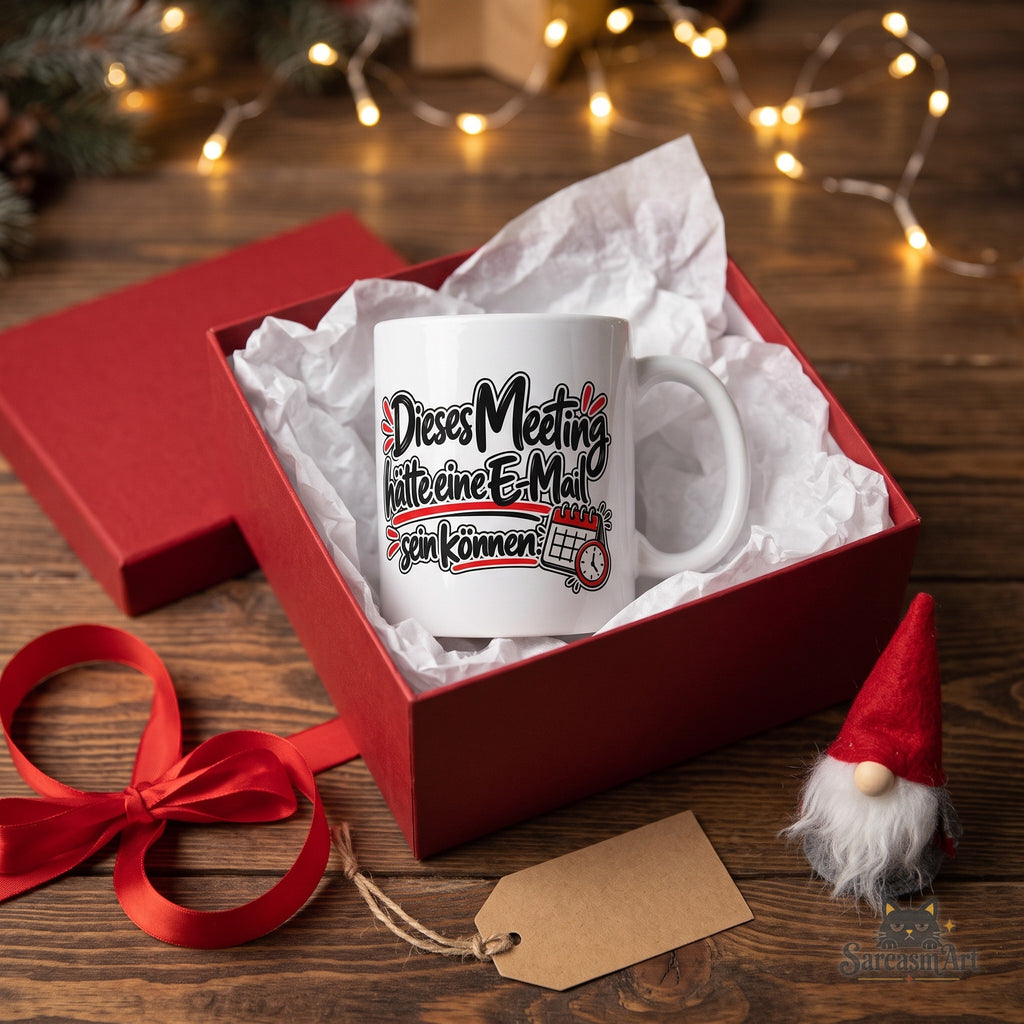 Meeting Tasse als Wichtelgeschenk in roter Geschenkbox mit Schleife, Geschenkanhänger und Wichtelfigur