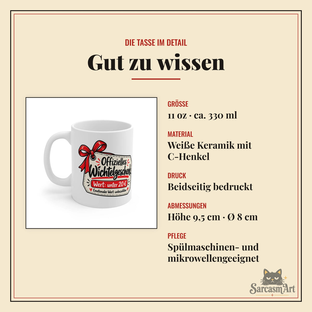 Wichtelgeschenk Tasse im Detail: 11 oz (ca. 330 ml), weiße Keramik mit C-Henkel, beidseitig bedruckt, Höhe 9,5 cm, Durchmesser 8 cm, spülmaschinen- und mikrowellengeeignet