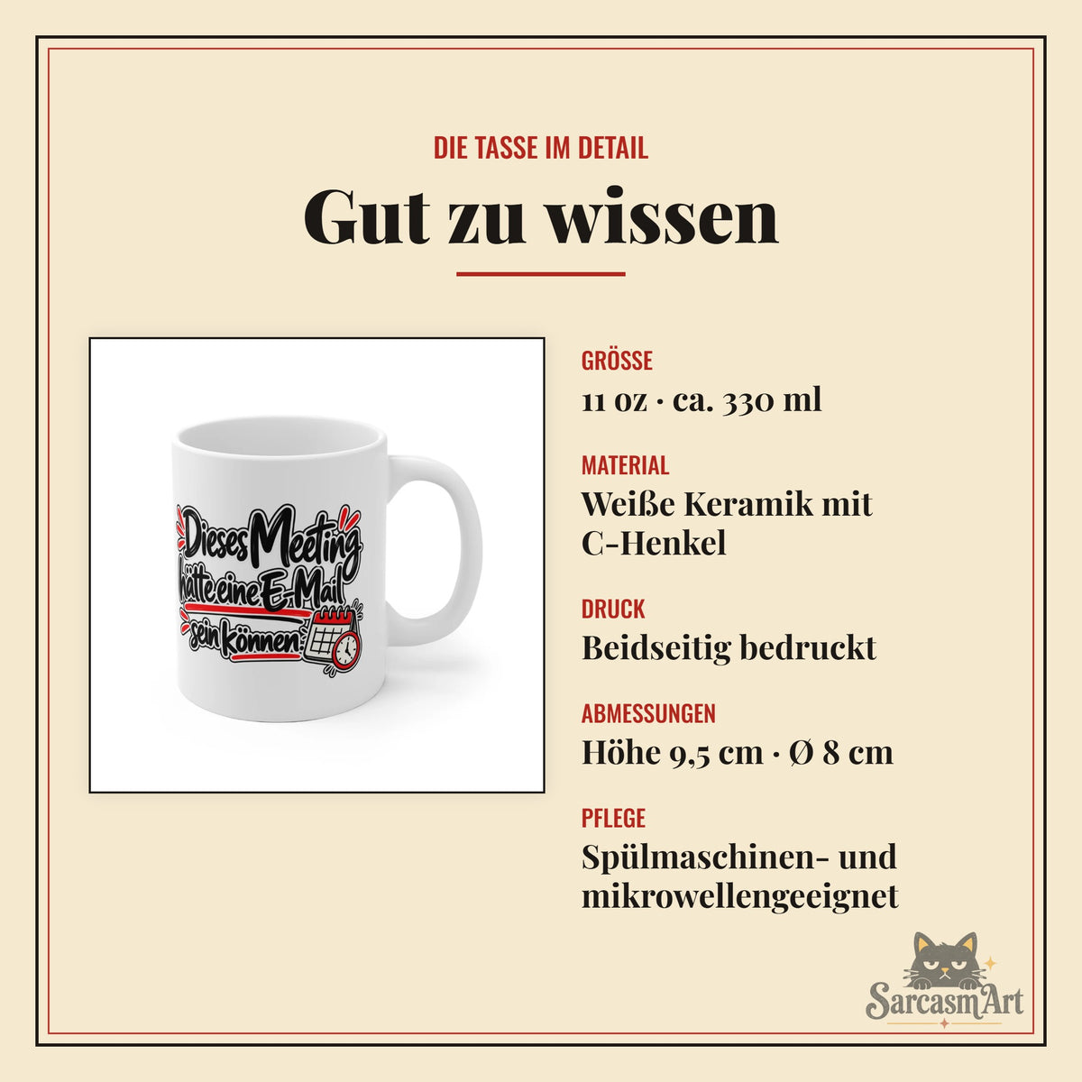 Meeting Tasse im Detail: 11 oz (ca. 330 ml), weiße Keramik mit C-Henkel, beidseitig bedruckt, Höhe 9,5 cm, Durchmesser 8 cm, spülmaschinen- und mikrowellengeeignet