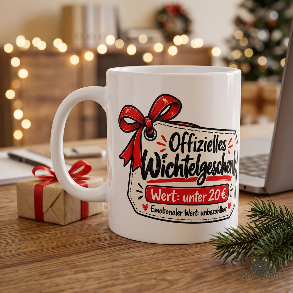 Wichtelgeschenk Tasse „Offizielles Wichtelgeschenk – Wert: unter 20 €“ auf einem weihnachtlichen Büroschreibtisch mit Lichterkette und Geschenk