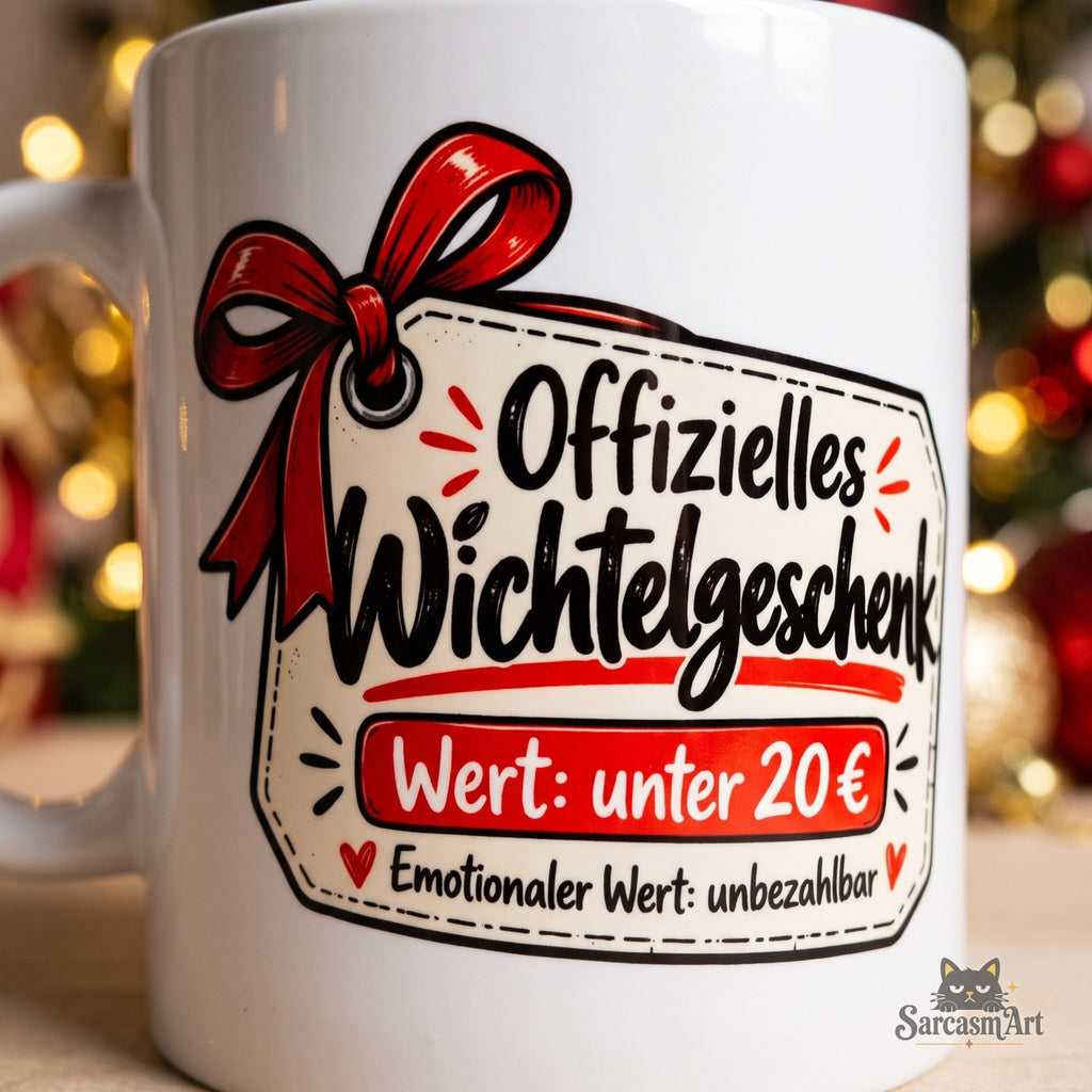 Nahaufnahme des Drucks: Geschenkanhänger mit Schleife, „Offizielles Wichtelgeschenk“, „Wert: unter 20 €“, „Emotionaler Wert: unbezahlbar“